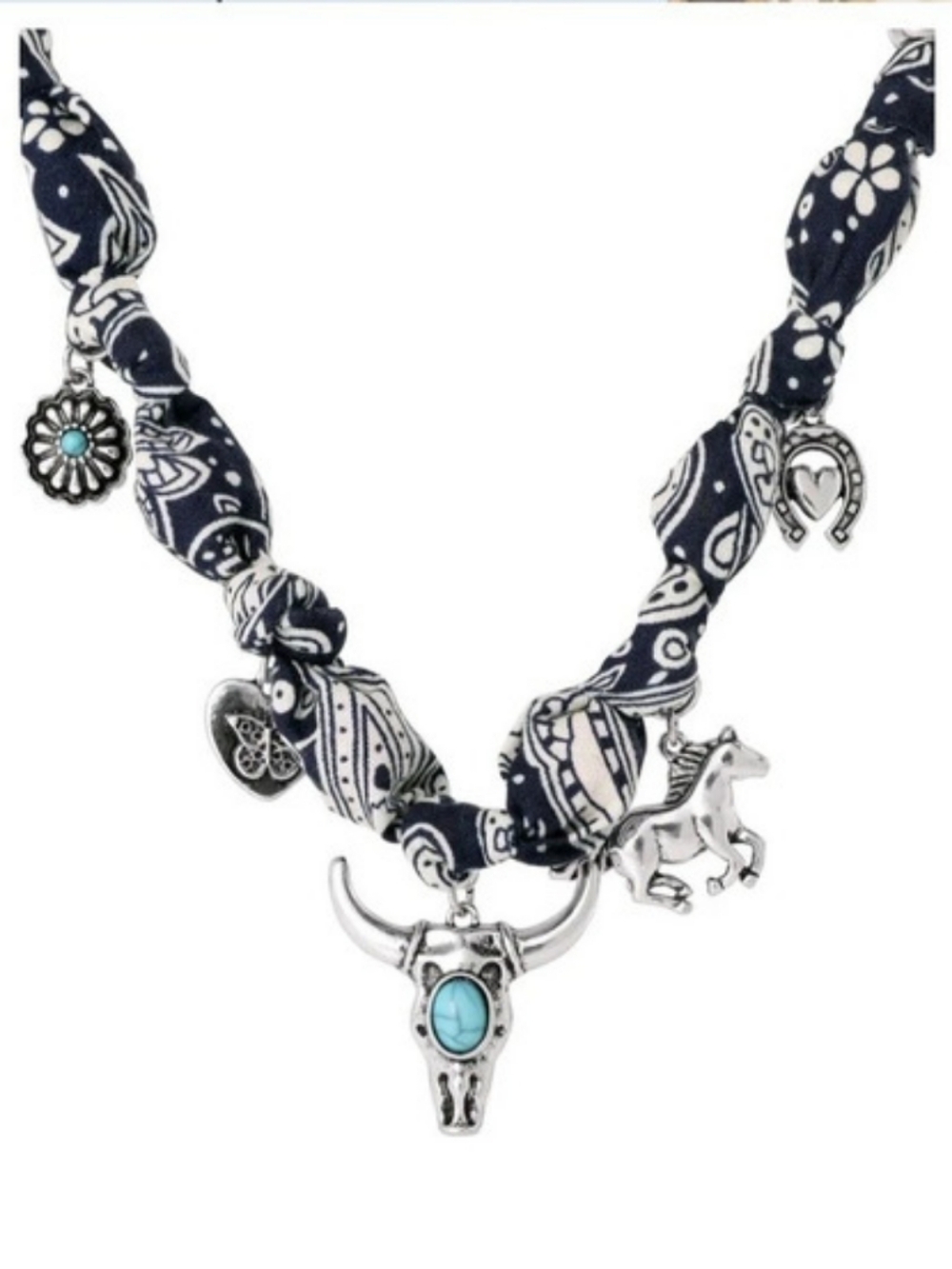Jessica Simpson Bandana Necklace Paisley Charm Necklace in Blue & White NWT